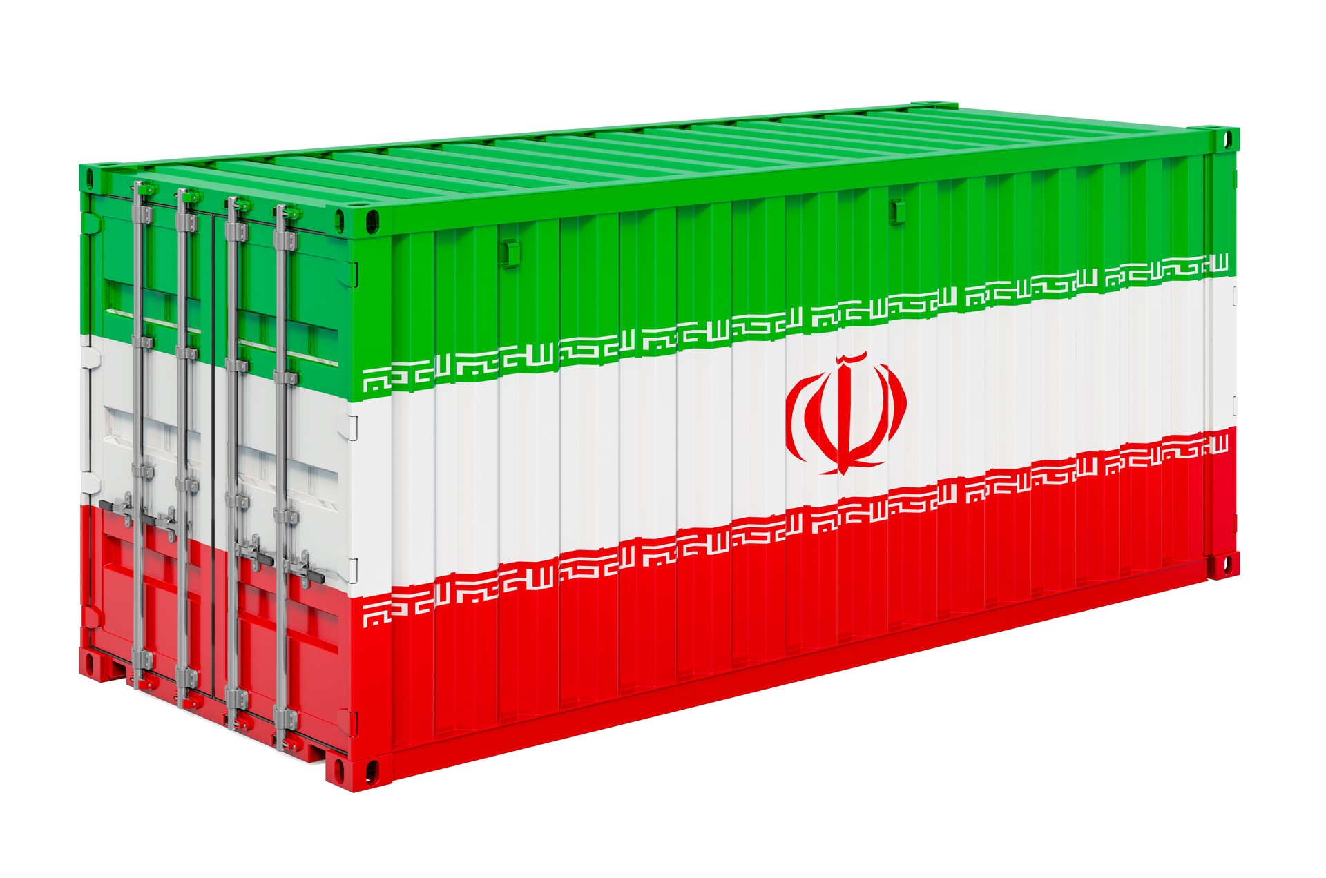 Cargo container with Iranian flag, 3D rendering isolated on white background